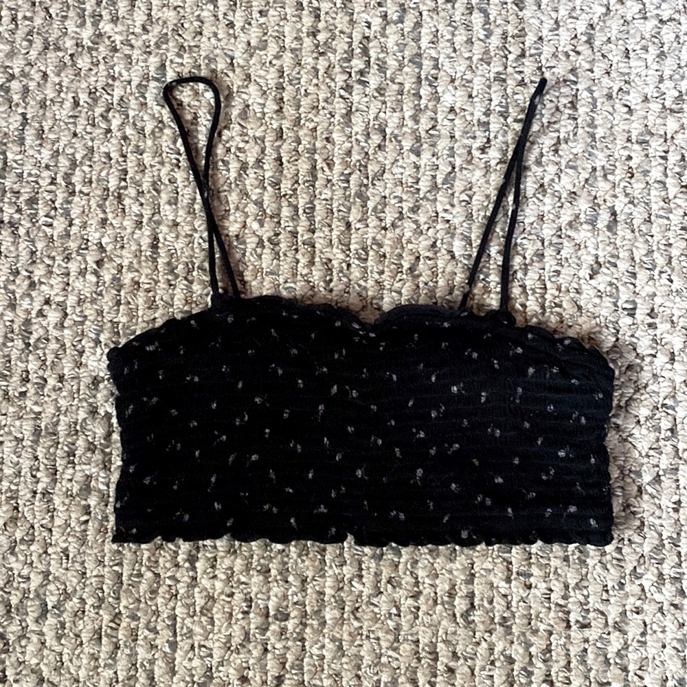 Brand unknown- black with small flowers- crop top- tight fit